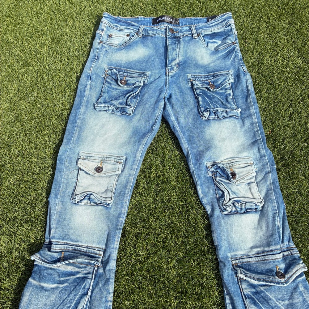 Valabasas Mens 35x34 Light Wash Blue Stacked Pocket Cargo Jeans Denim Flare Y2K - Picture 9 of 10